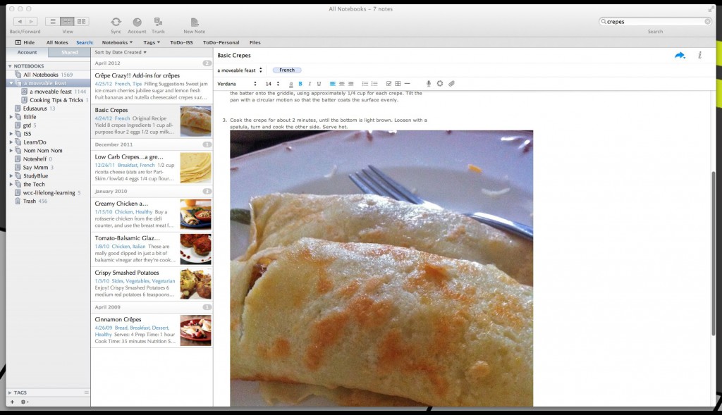 Snapshot of Evernote notebook with crepe recipe displayed
